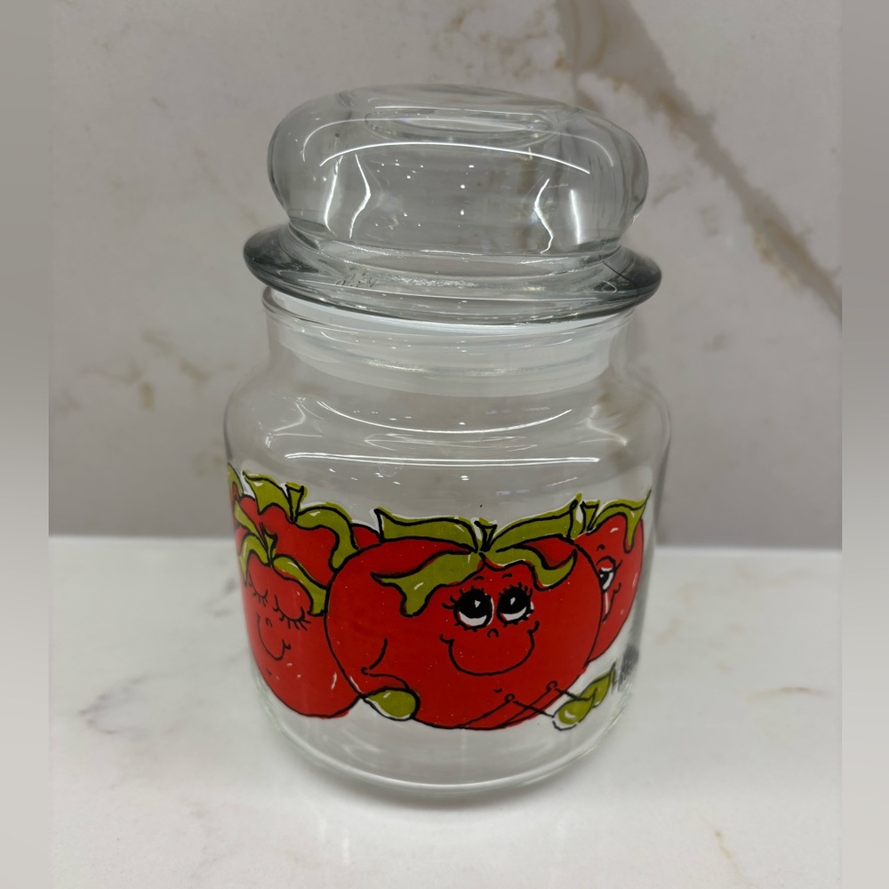 Vintage Hildi Glass Canister Happy Tomato Anthropomorphic Anchor Hocking